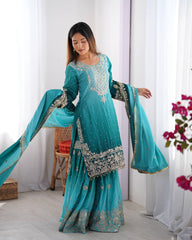 Designer Chinon Silk Rivet Moti Blue Color Sharara Suit