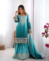 Designer Chinon Silk Rivet Moti Blue Color Sharara Suit