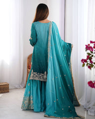 Designer Chinon Silk Rivet Moti Blue Color Sharara Suit