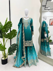 Designer Chinon Silk Rivet Moti Blue Color Sharara Suit