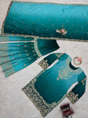 Designer Chinon Silk Rivet Moti Blue Color Sharara Suit
