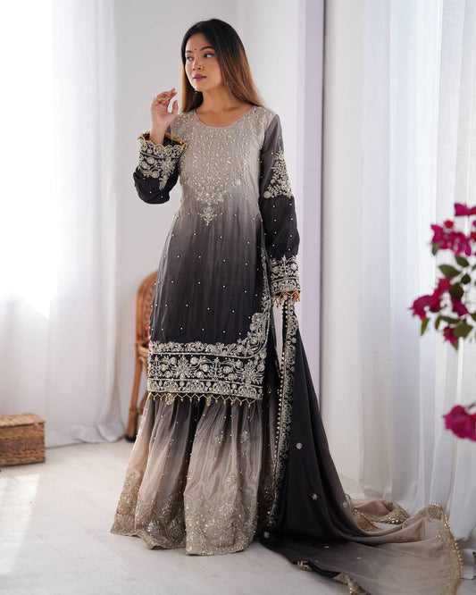 Designer Chinon Silk Rivet Moti Black Color Sharara Suit