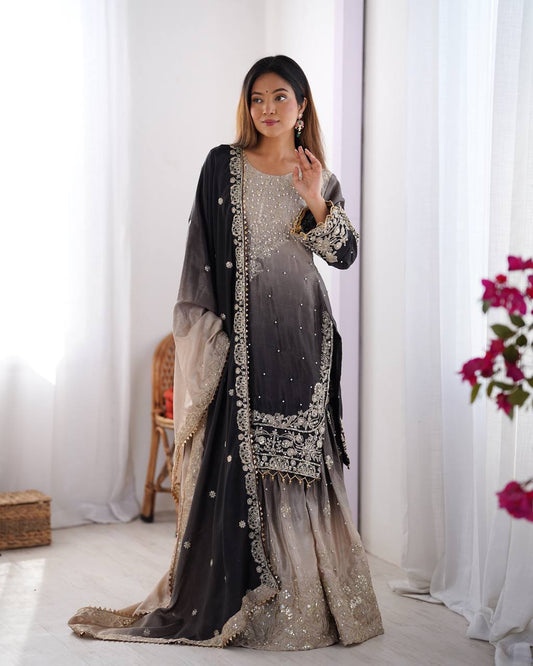 Designer Chinon Silk Rivet Moti Black Color Sharara Suit