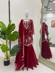 Fantastic Georgette Red Color Sharara Suit