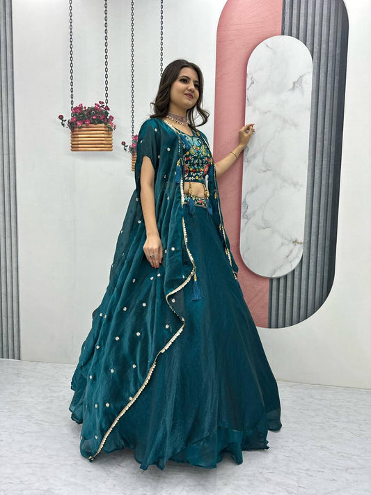 Party Wear Embroidery Work Teal Green Color Lehenga Choli With Shrug
