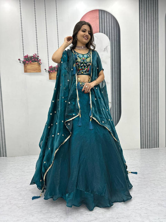 Party Wear Embroidery Work Teal Green Color Lehenga Choli With Shrug