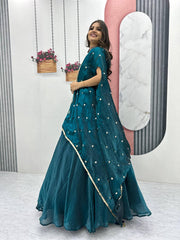 Party Wear Embroidery Work Teal Green Color Lehenga Choli With Shrug