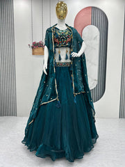 Party Wear Embroidery Work Teal Green Color Lehenga Choli With Shrug