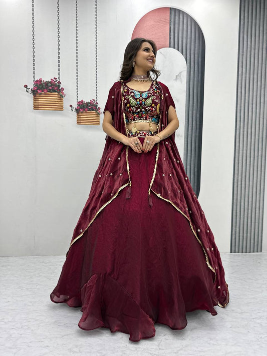 Party Wear Embroidery Work Maroon Color Lehenga Choli With Shrug