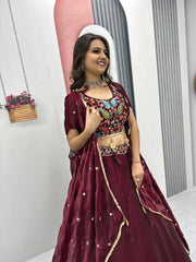 Party Wear Embroidery Work Maroon Color Lehenga Choli With Shrug