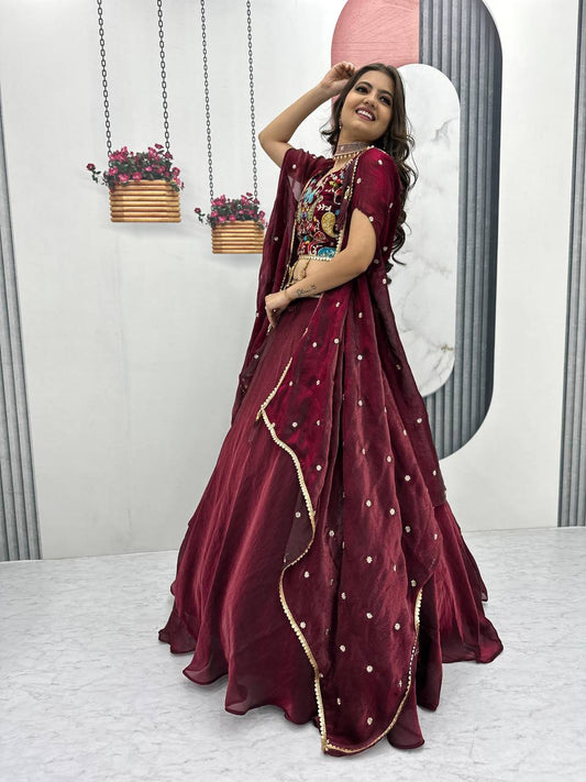 Party Wear Embroidery Work Maroon Color Lehenga Choli With Shrug