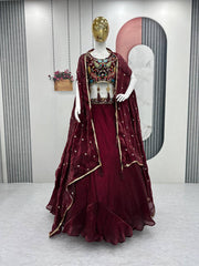 Party Wear Embroidery Work Maroon Color Lehenga Choli With Shrug