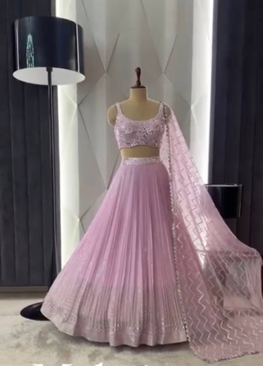 Designer Real Mirror Hand Work Pink Color Lehenga Choli