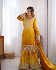 Designer Chinon Silk Rivet Moti Mustard Color Sharara Suit