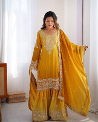 Designer Chinon Silk Rivet Moti Mustard Color Sharara Suit