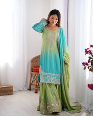 Designer Chinon Silk Rivet Moti Rama Color Sharara Suit