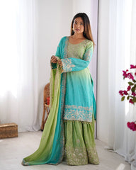 Designer Chinon Silk Rivet Moti Rama Color Sharara Suit