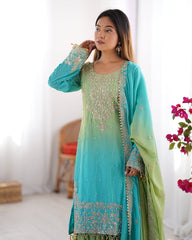 Designer Chinon Silk Rivet Moti Rama Color Sharara Suit
