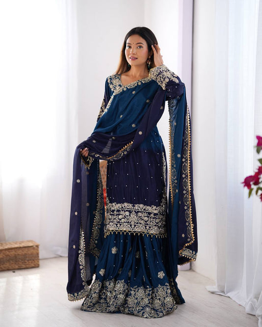 Designer Chinon Silk Rivet Moti Navy Blue Color Sharara Suit