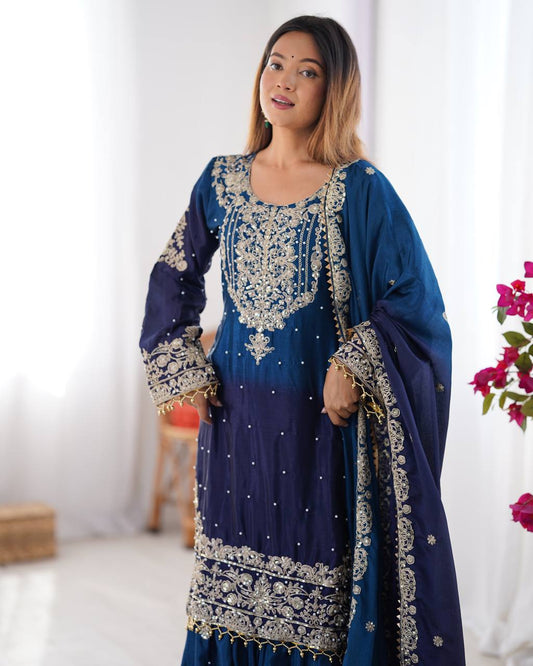 Designer Chinon Silk Rivet Moti Navy Blue Color Sharara Suit
