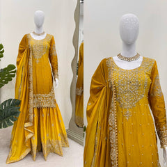 Designer Chinon Silk Rivet Moti Mustard Color Sharara Suit