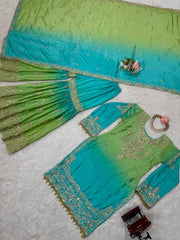 Designer Chinon Silk Rivet Moti Rama Color Sharara Suit