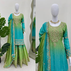 Designer Chinon Silk Rivet Moti Rama Color Sharara Suit