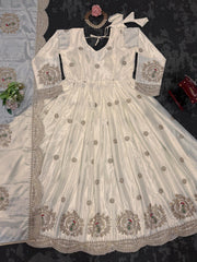 Eyes Catching Sequnce Work Cream Color Gown