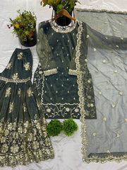 Adorable Heavy Embroidery Work Green Color Sharara Suit