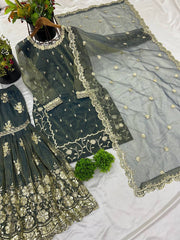 Adorable Heavy Embroidery Work Green Color Sharara Suit