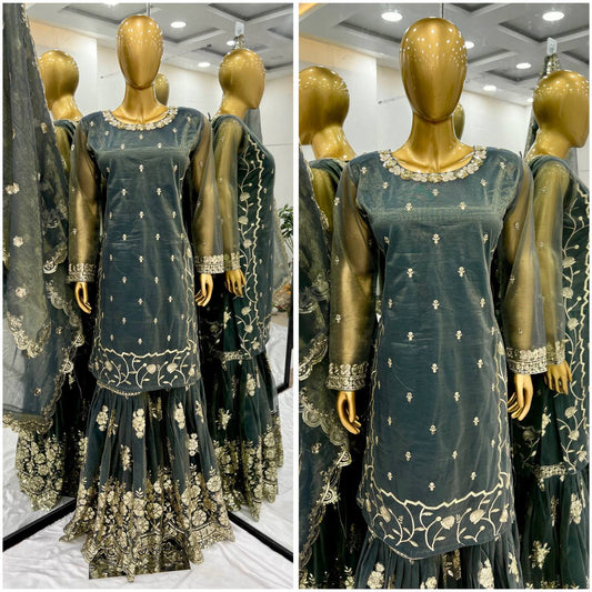 Adorable Heavy Embroidery Work Green Color Sharara Suit