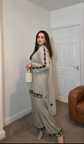 Captivating Embroidery Work Off White Color Palazzo Suit