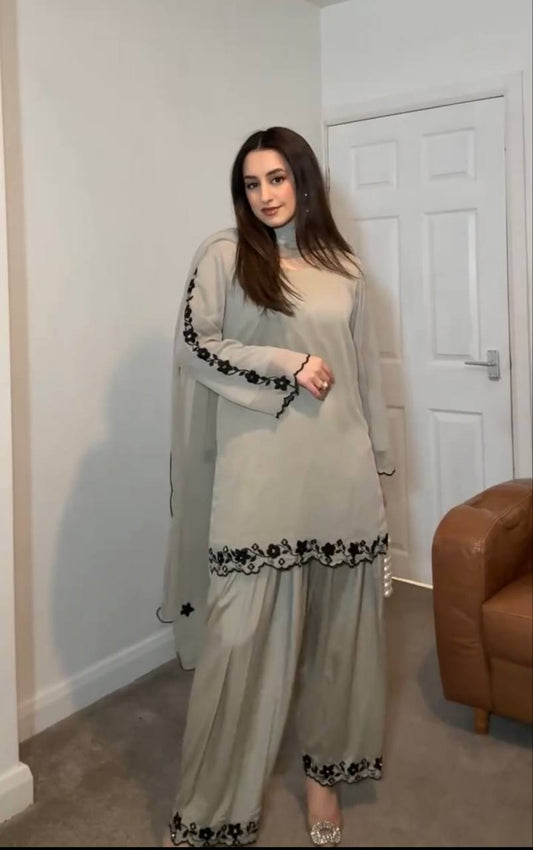 Captivating Embroidery Work Off White Color Palazzo Suit
