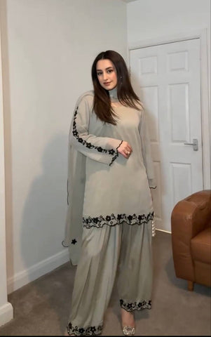 Captivating Embroidery Work Off White Color Palazzo Suit