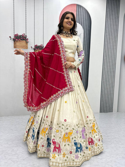 Function Wear Off White Color Lehenga choli With Red Dupatta