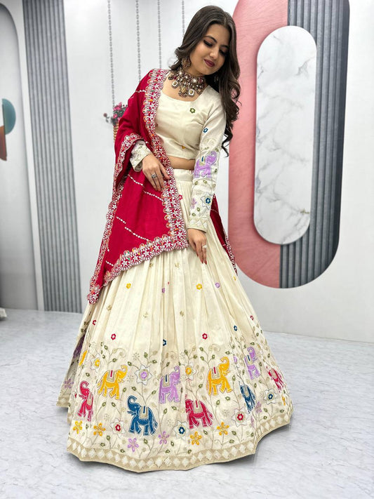 Function Wear Off White Color Lehenga choli With Red Dupatta