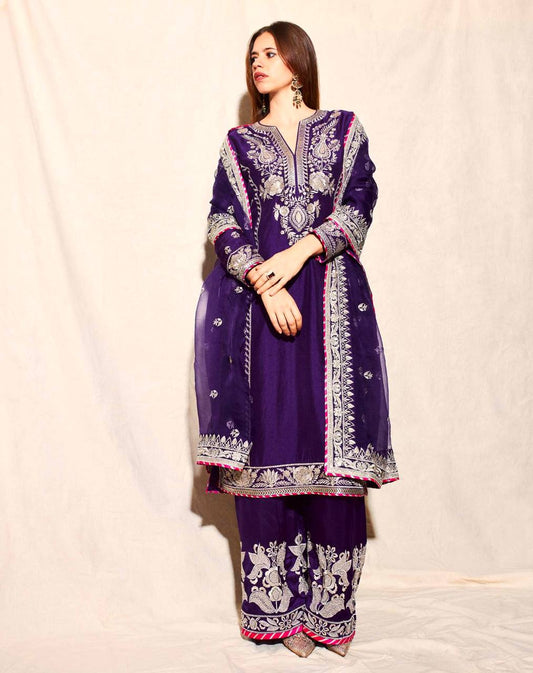 Decent Embroidery Coding Work Purple Color Palazzo Suit