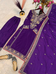 Decent Embroidery Coding Work Purple Color Palazzo Suit