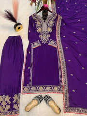 Decent Embroidery Coding Work Purple Color Palazzo Suit