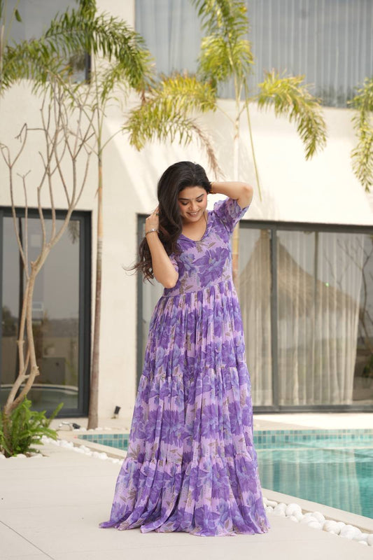 Exclusive Georgette V Neck Purple Color Gown