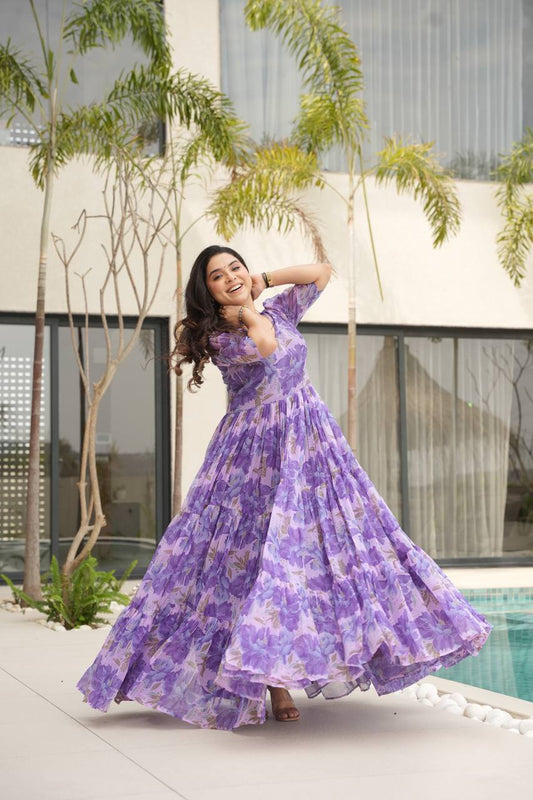 Exclusive Georgette V Neck Purple Color Gown