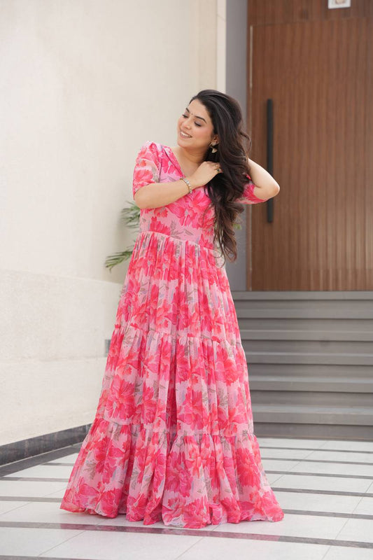 Exclusive Georgette V Neck Peach Color Gown