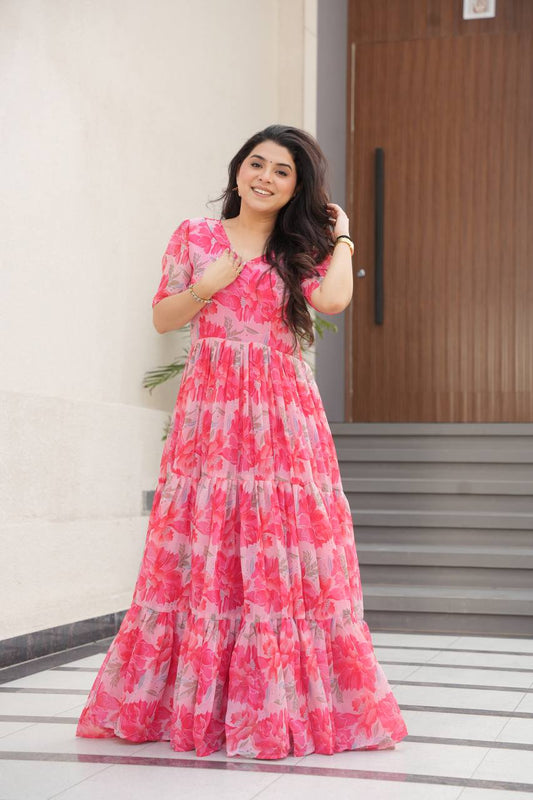 Exclusive Georgette V Neck Peach Color Gown