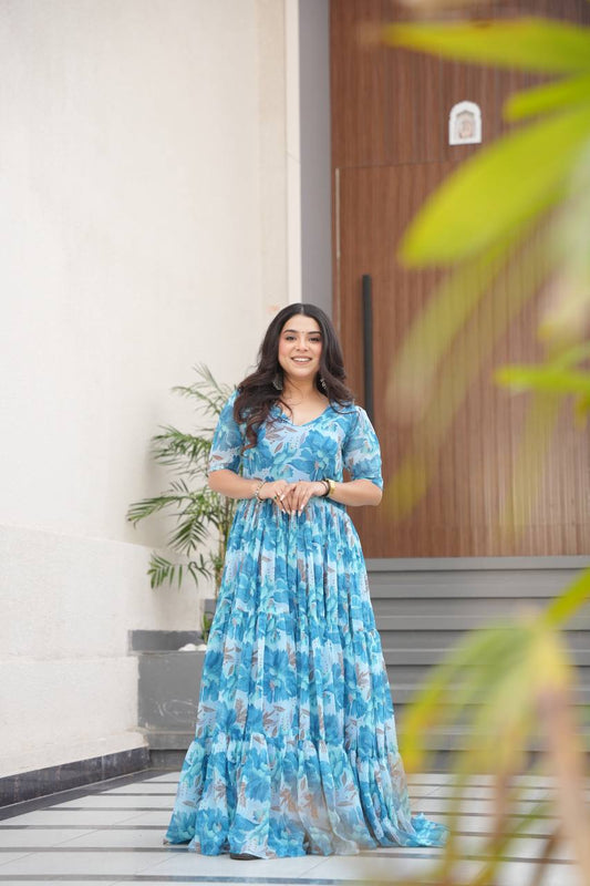 Exclusive Georgette V Neck Sky Blue Color Gown