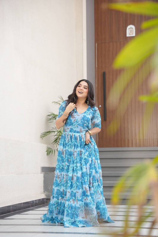 Exclusive Georgette V Neck Sky Blue Color Gown