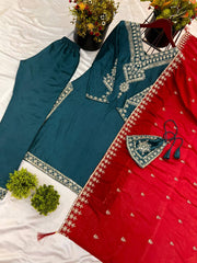 Gorgeous Chinnon Silk Teal Blue Salwar Suit