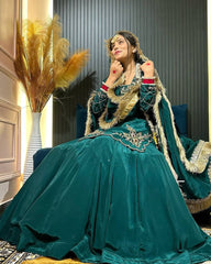Designer Hand Work Teal Green Color Top With Lehenga