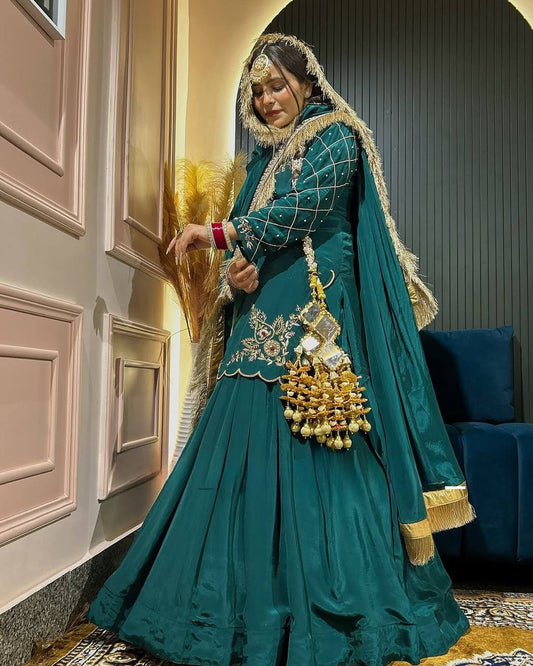 Designer Hand Work Teal Green Color Top With Lehenga
