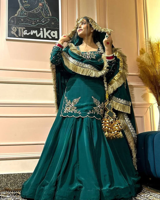 Designer Hand Work Teal Green Color Top With Lehenga