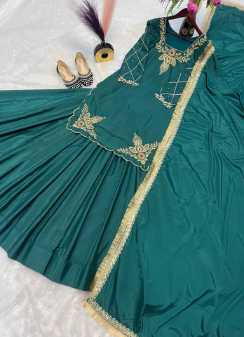 Designer Hand Work Teal Green Color Top With Lehenga
